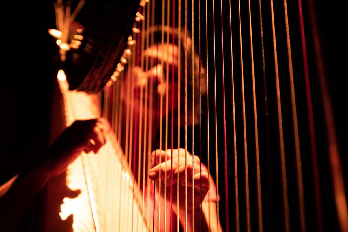 Une femme derrière les cordes de sa harpe